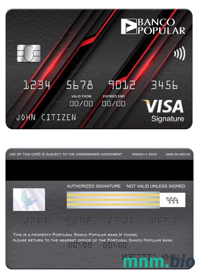 Portugal Banco Popular bank visa podpis karta przykład w formacie PSD